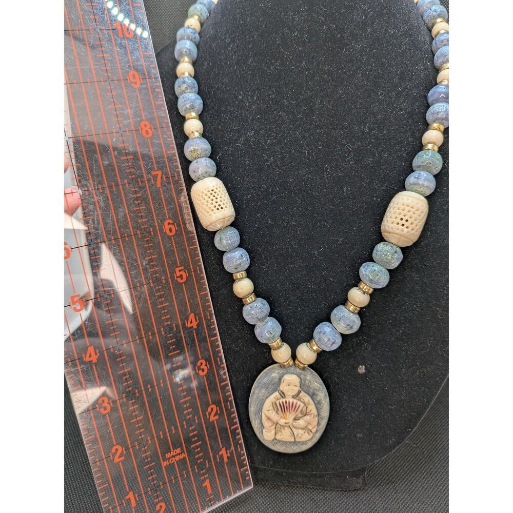 Asian Long Ivory Colored Blue Bead Necklace Oval Pendant 30.5" & "Silver" Clasp - Picture 8 of 8